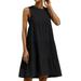 HUBERY Women Pleated Stitching Back Keyhole Crew Neck Sleeveless Midi Dress