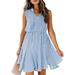 UKAP Women Summer Boho Chiffon Dress Sleeveless V Neck Plain Color Beach A Line Dress Elastic Waist Swing Dress Light Blue M(US 8-10)