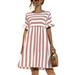 Avamo S-XL Casual Summer Flowy Dress for Trendy Women Bohemian Beach Splicing Pockets Sundress Ladies Striped Printed Flare Party Dress Pink M=US 8-10