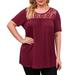 Tuscom Plus Size Tops for Womens,Lace Splicing Short Sleeve O Neck T-Shirt Casual Solid Color Tunic Pleated Tee