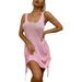 Sexy Dance Women Boho Summer Mini Dress Backless Cover Up Sleeveless Party Dresses Ladies Drawstring Sexy U Neck Hollow Out Cocktail Dress Pink M(US 6-8)
