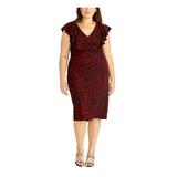 RACHEL ROY Womens Red Animal Print Short Sleeve V Neck Below The Knee Sheath Evening Dress Size 18W
