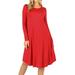 Womens & Plus Round Neck Long Sleeve Knee Length A-Line Swing Trapeze Dress (Ruby, 2X)