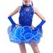Zewfffr Children Girl Performance Costume Latin Tassels Halter Dress (Blue 5-6T)