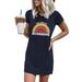 Women's Letter Print T Shirt Dress Summer Casual Rainbow Print Short Sleeve Slim Mini Dress Beach Bodycon Dresses SUNSHINE Print Dress