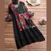 New Fashion Women Linen Cotton Dress Plus Size Print V Neck Half Sleeve Irregular Split Hem Retro Vintage Dress