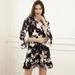 Women's Beach Dress Deep V Printed Dress Cinched Waist Slim-Fit Long Sleeve Mini Dress