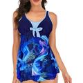 UKAP 3XL-L Plus Size Women Ladies Blue Printed 2PCS Swimsuit Swimdress With Swim Shorts Bottoms Boyshorts Swimwear Beachwear Swimming Suit Bathing Suit Push Up Bra Tummy Control Tankini Sets