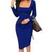 Hirigin Women Square Collar Solid Color Casual Dresses Long Sleeve Club Party Slim Fit Midi Dress