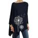 Women Crew Neck Tunic Top Autumn Asymmetrical T-Shirts Dandelion Print Pullover Oversized Tops Solid Color Elastic Cuff Blouse Long Tee Shirts for Ladies Juniors