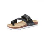 Phoebecat Sandals for Women, Women's Light Weight Cross Toe Double Buckle Strap Leather Flat Sandals for Ladies, Black Summer Beach Soft Adjustable Buckle Flat Open Toe Slide Shoe for Men