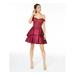 CITY STUDIO Womens Burgundy Embellished Short Sleeve Off Shoulder Short Fit + Flare Party Dress Size 7