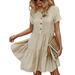 Niuer Women Short Sleeve Tiered Frill Midi Dress Beach Holiday Fashion Pleated Button Swing Dress Tunic Long Top Apricot XL(US 16-18)