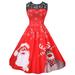 Selfieee Women's Christmas Lace Stitching Sleeveless Printed Dress A-line Pleated Cocktail Party Dress 40376 Red Large