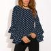 Women Polka Dot Ruffle Blouse Top Long Sleeves O-Neck Elegant Casual Shirt Black/White/Blue