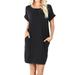 Women & Plus Round Neck Rolled Sleeve Knee Length Tunic Shirt Dress with Pockets (Black, M)