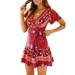 LAPA Womenâ€™s Summer Wrap V Neck Bohemian Floral Print Ruffle Swing A Line Beach Mini Dress