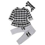 Baby Girls Long Sleeve Black Grey Plaid Dress Shirt Long Pants Headband 3 pcs Outfit Set 12-18M