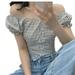 Women Square Collar Puff Short Sleeve Plaid Buttons Basic Blouse T-shirt