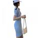 Womens Summer Bodycon Mini Dress Casual Short Sleeve Lapel High Waists Knit Top T Shirt Dress,Blue