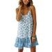 UKAP Women O-Neck Sleeveless Strappy Dress Ladies Summer Boho Floral Printed Ruffle Hem Sundress Blue White M(US 6-8)