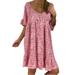 Women Boho Loose Tunic Dress Ladies Summer Beach Baggy Kaftan Dress Women's Short Sleeve Pleated Loose Swing Casual Knee Length Dress