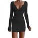 Clearence promotion Autumn Winter Sexy Slim Women Dress Solid Casual Dress Ladies Autumn Dress Solid Color Low-Cut V-neck Tight Dress