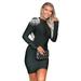 Winnereco Women Bead Backless Bodycon Long Sleeve Slim Crew Neck Dresses (Black XL)