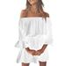 Womens Off One Shoulder Mini Dress High Waist Ruffle Sleeve Solid Color Beach Ruffle Dress