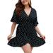 UKAP Women Ruffled Short Sleeve Boho Sundress V Neck Polka Dot A Line Mini Dress High Low Hem Summer Beach Plus Size Prom Dress