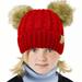 Kids Ages 2-7 Pompom Chunky Thick Stretchy Knit Slouch Beanie Cap Hat (Double Pom Faux Fur Solid Red)