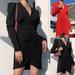 HEVIRGO Women Fashion Solid Color Ruched Deep V Neck Long Sleeve Party Bodycon Dress