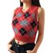 Multitrust Women V Neck Sleeveless Argyle Sweater Knit Vest Slim Fit Ribbed Tank Crop Top