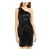 TEEZE ME Womens Black Sequined Sleeveless Asymmetrical Neckline Short Sheath Cocktail Dress Size 5\6