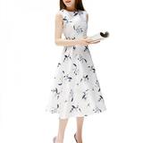 Elegant Womens A-Line Dress Floral Printed Ball Gown Ladies Party Cocktail Evening Long Sleeveless Dress White L