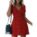 Summer Womens Casual Button Down Dress Ladies Solid Color Beach Party Holiday Dress Swing Pleated Sundress