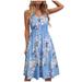 Mnycxen summer dresses Women's Summer Printed V-neck Casual Lace-up Sling Temperament Knee-length Dress