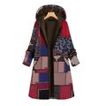 AngelBee Ethnic Mosaic Printed Women Hooded Coat Fleece Zipper Outerwear (Red 4XL)