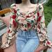 Jolly Square neck printed chiffon shirt off shoulder short slim Lantern Sleeve Shirt for women