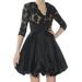 BETSY & ADAM Womens Black Lace 3/4 Sleeve V Neck Mini Fit + Flare Cocktail Dress Size 2