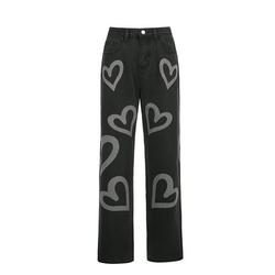 Listenwind Women High Waisted Pants Wide Leg Heart Print Denim Jeans Straight Casual Baggy Trousers