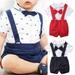 Newborn Infant Toddler Baby Boy Wedding Formal Suit Bowtie Gentleman Romper + Suspender Pants 2pcs Outfit Set 0-24M