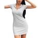 Women V Neck Short Sleeve Casual Wrap Dresses Solid Color Sexy Ruched Bodycon Short Mini Dresses