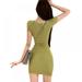 Sexy Wavy Collar Show Clavicle Temperament Slim Covered Hip Short Sleeve Knit Dress Green