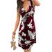 Sexy Dance Women Floral Printed Boho Dress Beachwear Sleeveless Tank Top Dresses Sexy V-Neck Summer Empire Waist T-Shirt Top Dress Wine Red XL=US 8