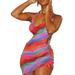 Binpure Ruched Halter Dress Backless Tie-up Printed One-piece with Drawstring