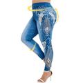 Women High Waist Imitation Denim Fake Jeans Floral Print Leggings Trousers