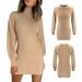 Ladies Dress Casual Solid Color Mid-high Collar Waist Long Puff Sleeve Mini Dress Women Fashion Autumn Spring Khaki XL