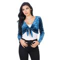 Fashion Secrets Women`s Collarless Open Front Velvet Bolero Shrug Cardigan Cropped Jacket (X Large, Front Tie Denim Blue)