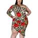 Avamo Women Print Ruched Dress Plus Size Long Sleeve Bodycon Mini Dresses Back Zipper Beach Party Sundress